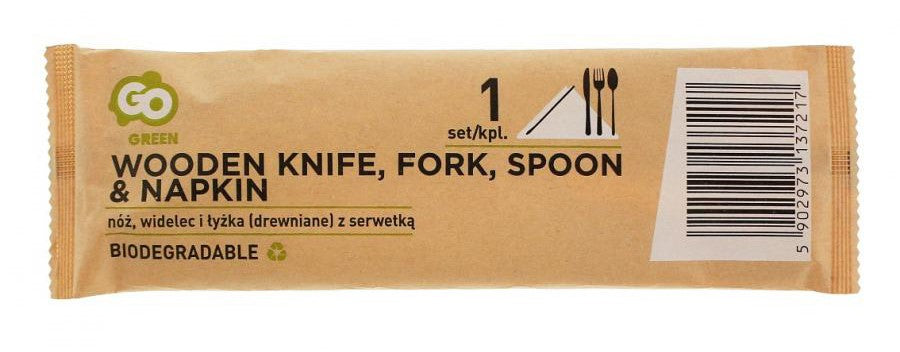 Koka dakšiņa, karote un nazis ar salveti