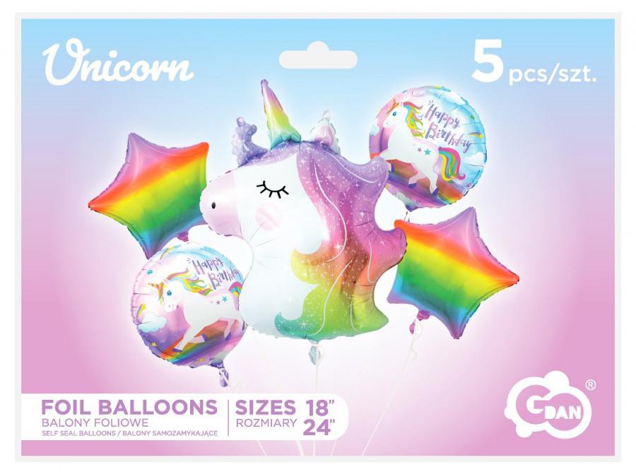 Vienradža varavīksnes folijas balonu komplekts, 5 daļas