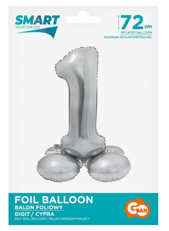 Sudraba krāsas folijas balons ar pamatni "Cipars 1", 72 cm