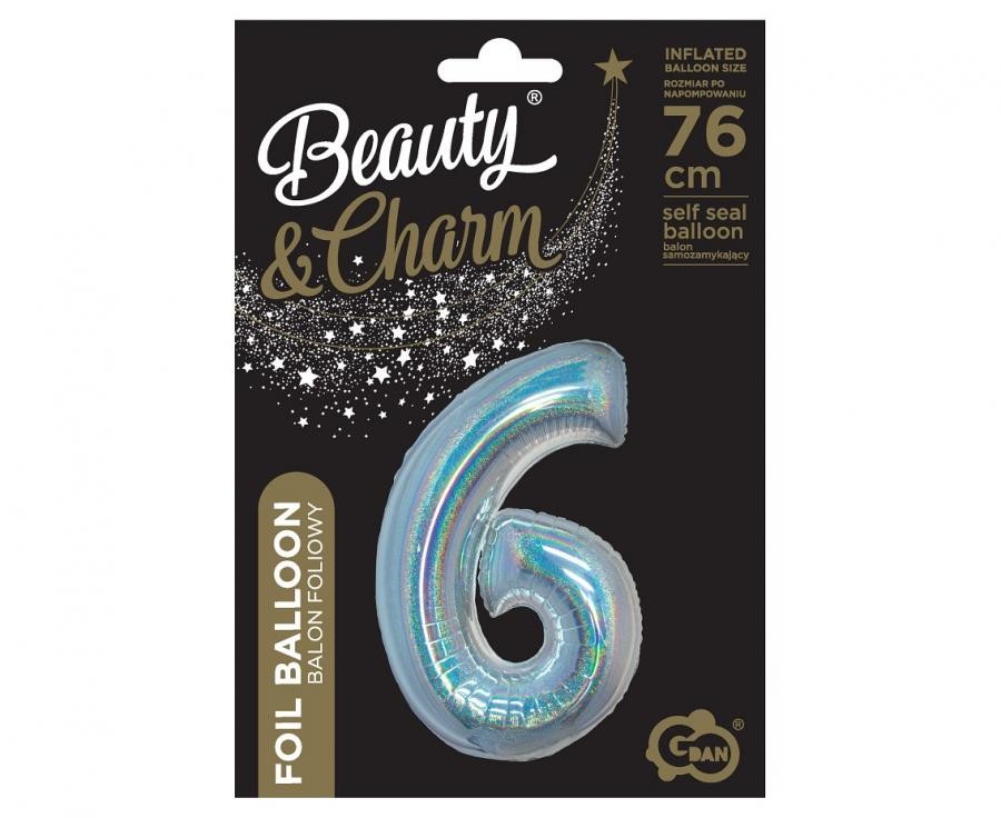 Sudraba hologrāfisks folijas balons ar skaitli 6, 76 cm