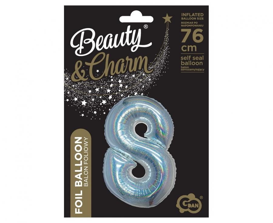 Sudraba hologrāfisks folijas balons ar skaitli 8, 76 cm