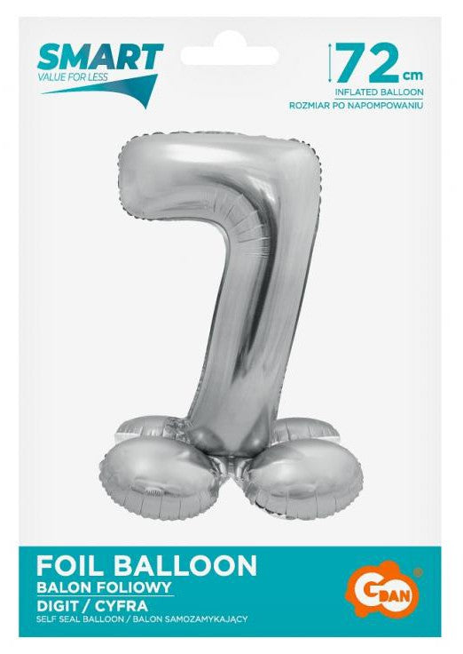 Sudraba krāsas folijas balons ar pamatni "Cipars 7", 72 cm