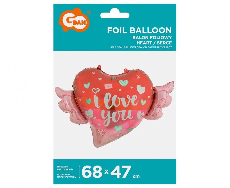 Folijas balons "Mīlu, es tevi mīlu" ar spārniem, 68 cm