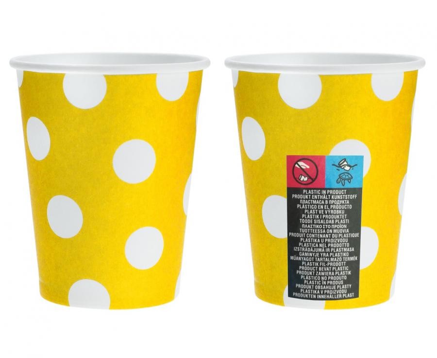 Dzelteni papīra krūzītes ar punktiņiem, 6 gab., 270 ml