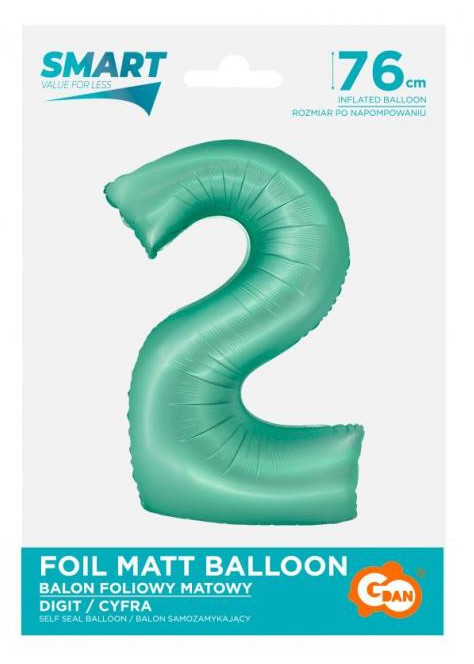 Piparmētru krāsas folijas balons "Cipars 2", 76 cm