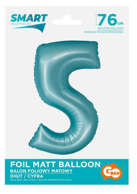 Folijas balons "Cipars 5", gaiši zils, paklājiņzils, 76 cm