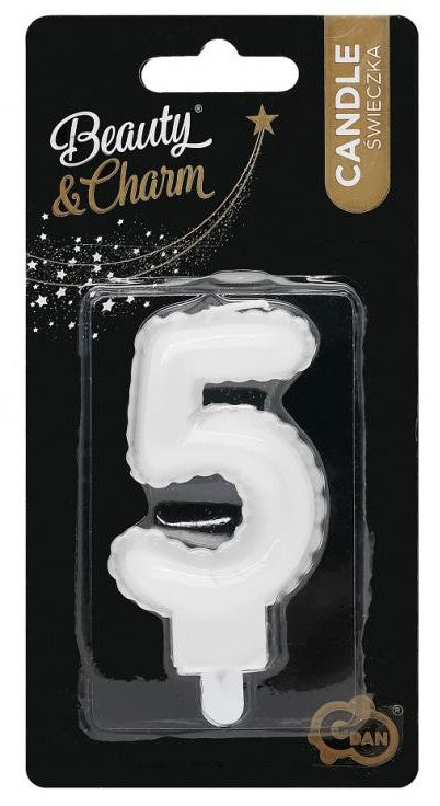 Pērļu balta svece "Cipars 5", kūkas svece