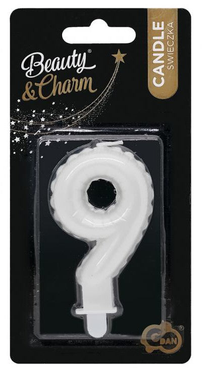 Pērļu balta svece "Cipars 9", kūkas svece
