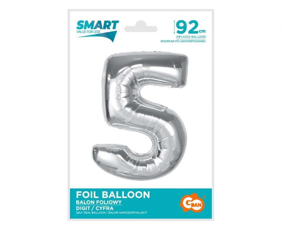 Sudraba folijas balons "Cipars 5", 92 cm