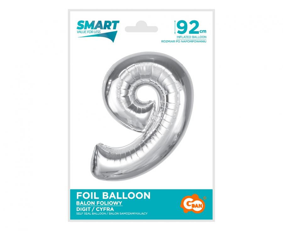Sudraba folijas balons "Cipars 9" 92 cm