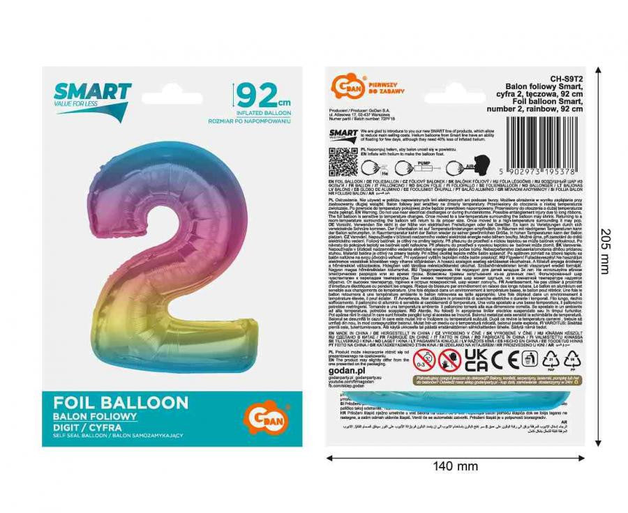 Folijas balons "Cipars Varavīksne" 92 cm, krāsains, skaitlis 2