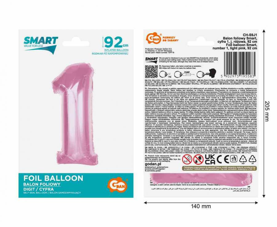 Folijas balons "Cipars 1", gaiši rozā, 92 cm