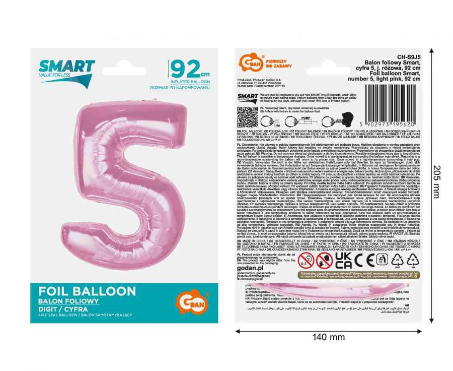 Folijas balons "Cipars 5", gaiši rozā, 92 cm