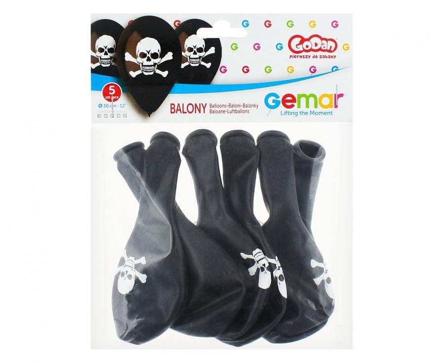 Galvaskausa formas melni gaisa baloni, 5 baloni, 12 collas (30 cm)