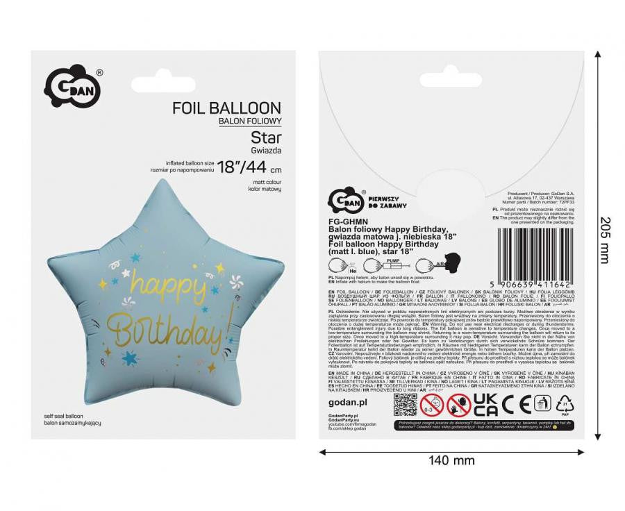 Daudz laimes dzimšanas dienā, matēti zils, folijas balons "Dzimšanas diena", 44 cm