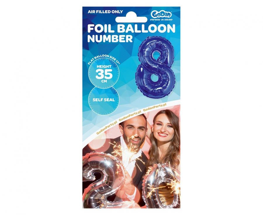 Zils skaitlis, zils mini folijas balons ar skaitli 8, 35 cm