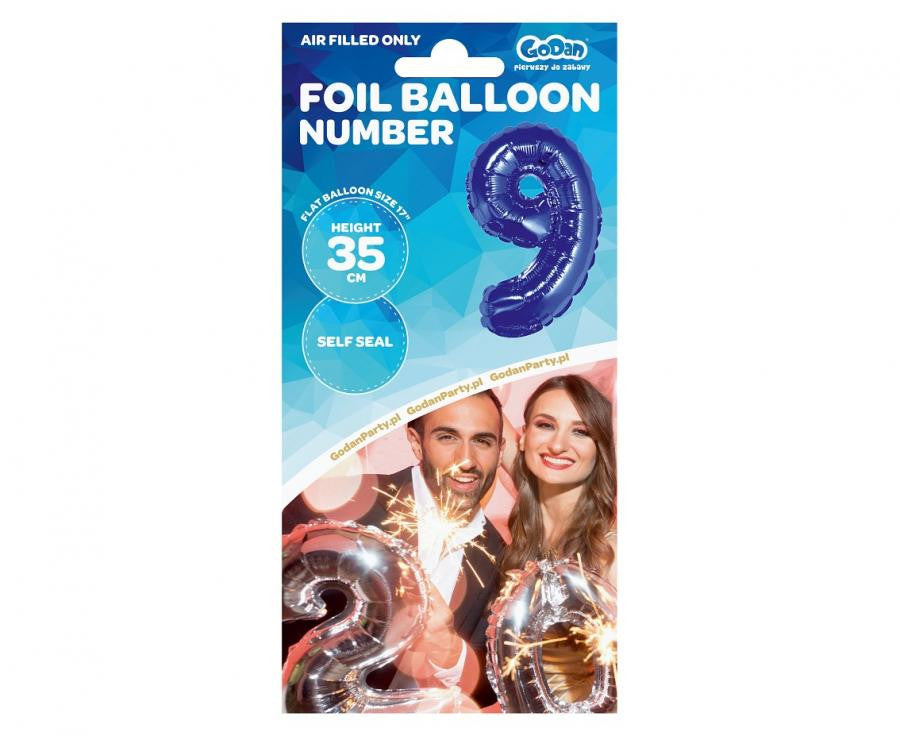 Zils skaitlis, zils mini folijas balons ar skaitli 9, 35 cm
