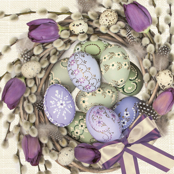 Lieldienu salvetes ar violetiem tulpju vainagiem, 20 gab., 33x33 cm