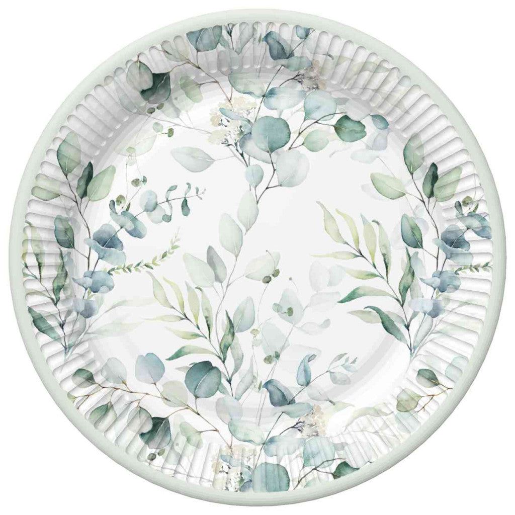 Krāsaini eikalipta zariņu ziedu papīra šķīvji, 8 gab., 22,7 cm