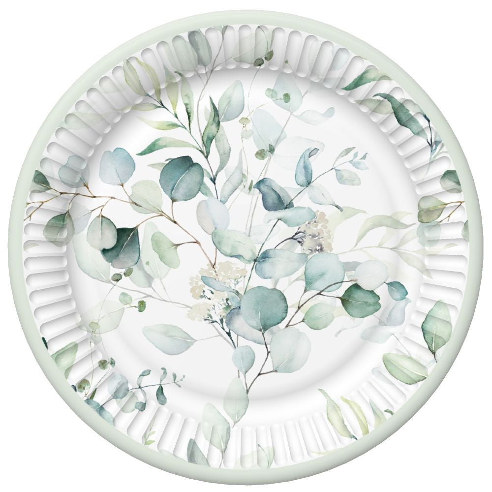 Krāsainu eikalipta zariņu ziedu papīra šķīvju komplekts, 8 gab., 18 cm