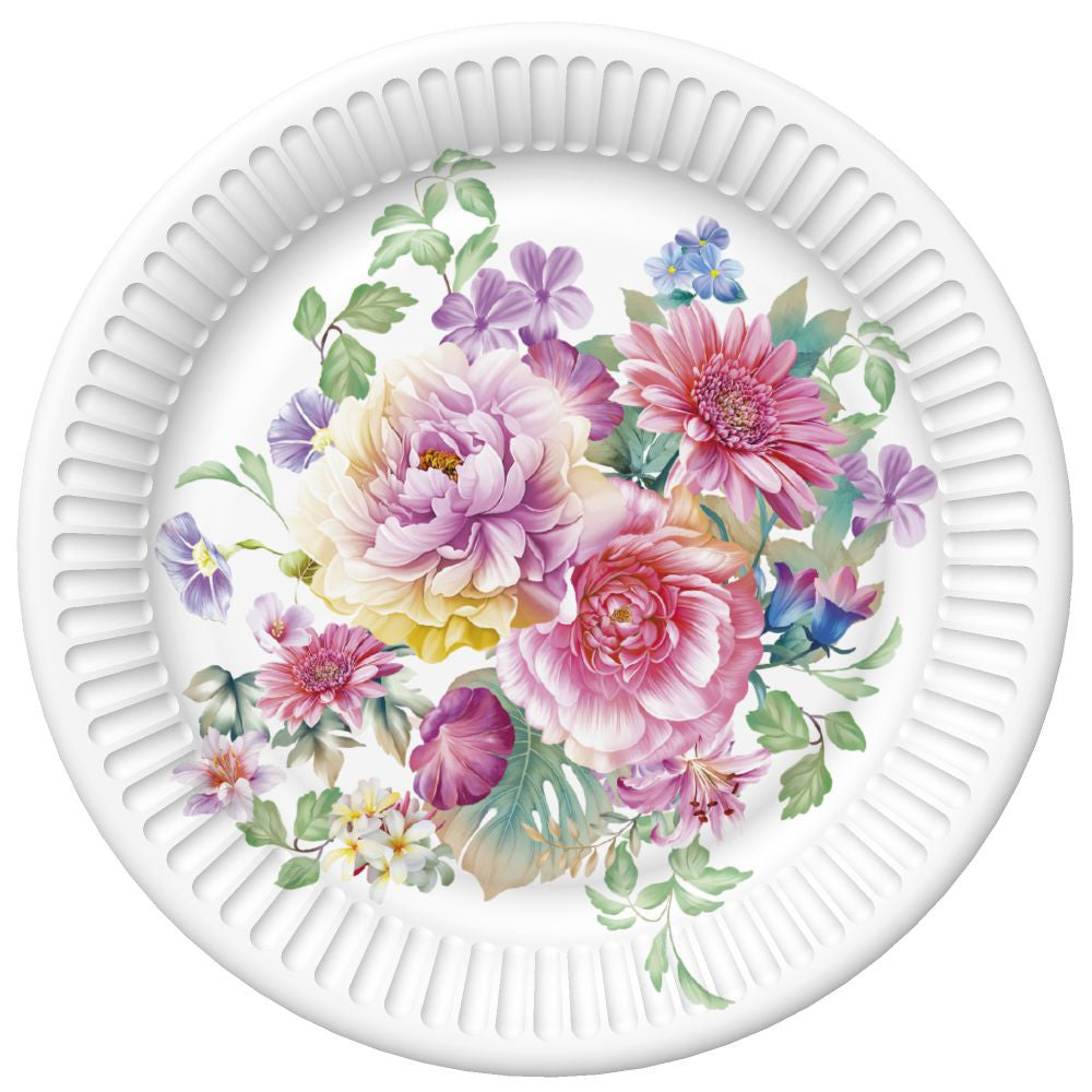 Krāsu kompozīcijas ziedu papīra šķīvji 8 gab. 18 cm