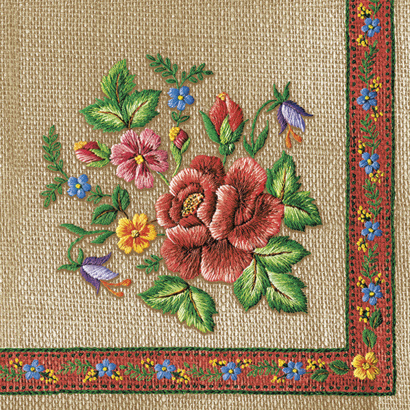 Izšūtas salvetes ar krāsainām rozēm kalna stilā, 20 gab., 33x33 cm