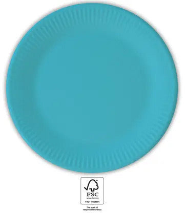 Krāsaini vienkrāsaini tirkīza, zili papīra šķīvji, 8 gab., 23 cm, FSC