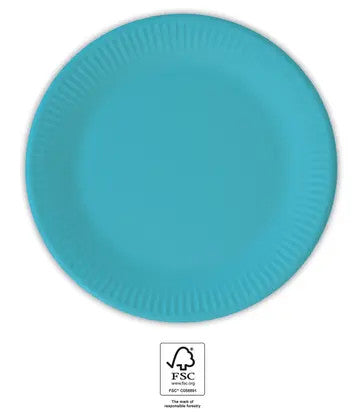 Krāsaini vienkrāsaini tirkīza, zili papīra šķīvji, 8 gab., 20 cm, FSC