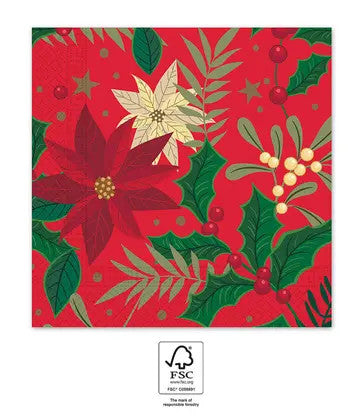 Ziemassvētku salvetes ar ostrompetes motīvu "Poinsettia" 20 gab. 33x33 cm FSC
