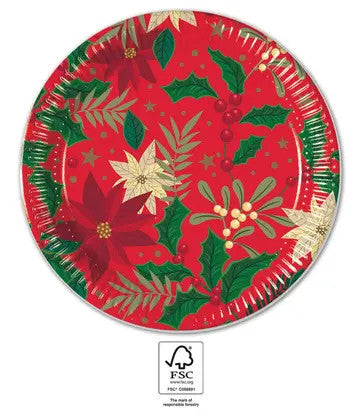 Ziemassvētku papīra šķīvji "Holly Poinsettia" 8 gab. 23 cm FSC