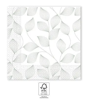Pelēkas lapu salvetes ar ziediem, 20 gab., 33x33 cm, FSC