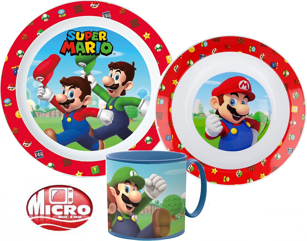 Super Mario vakariņu komplekts, mikroplastmasas komplekts ar krūzi 265 ml