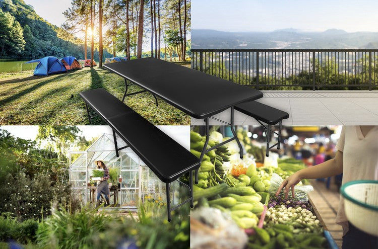 Saliekams dārza galds 180 cm + 2 soliņi - melns