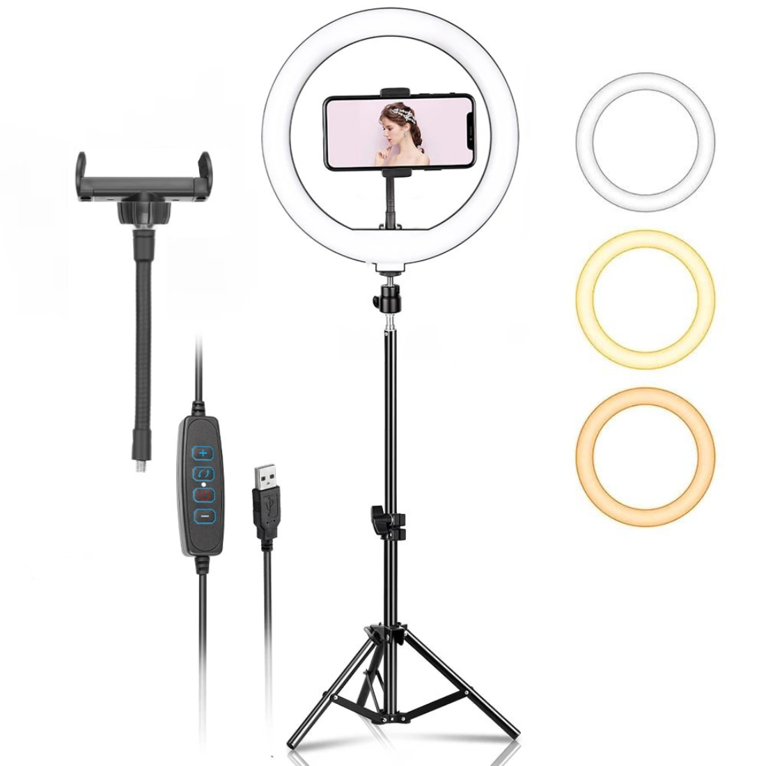 LED riņķis, gredzenveida lampa ar 2m statīvu un telefona turētāju