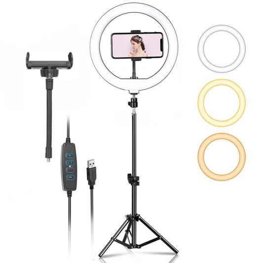 LED riņķis, gredzenveida lampa ar 2m statīvu un telefona turētāju