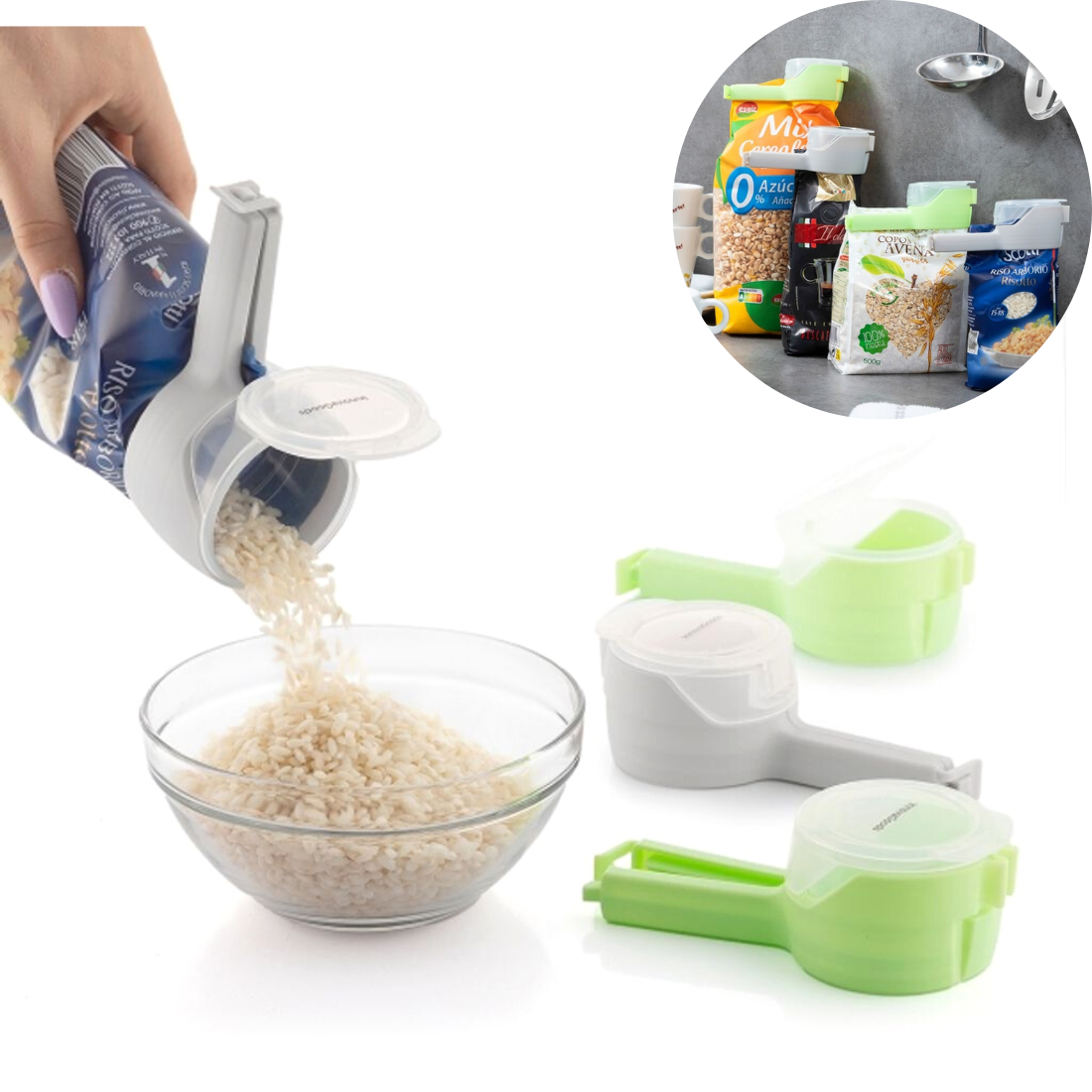 Maisiņu, iepakojumu aizvērējs ar dozatoru