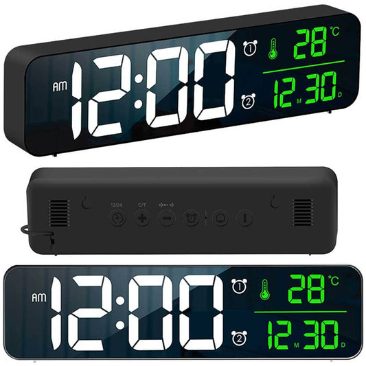 Pulkstenis, spogulis, elektroniskais modinātājs ar LCD displeju