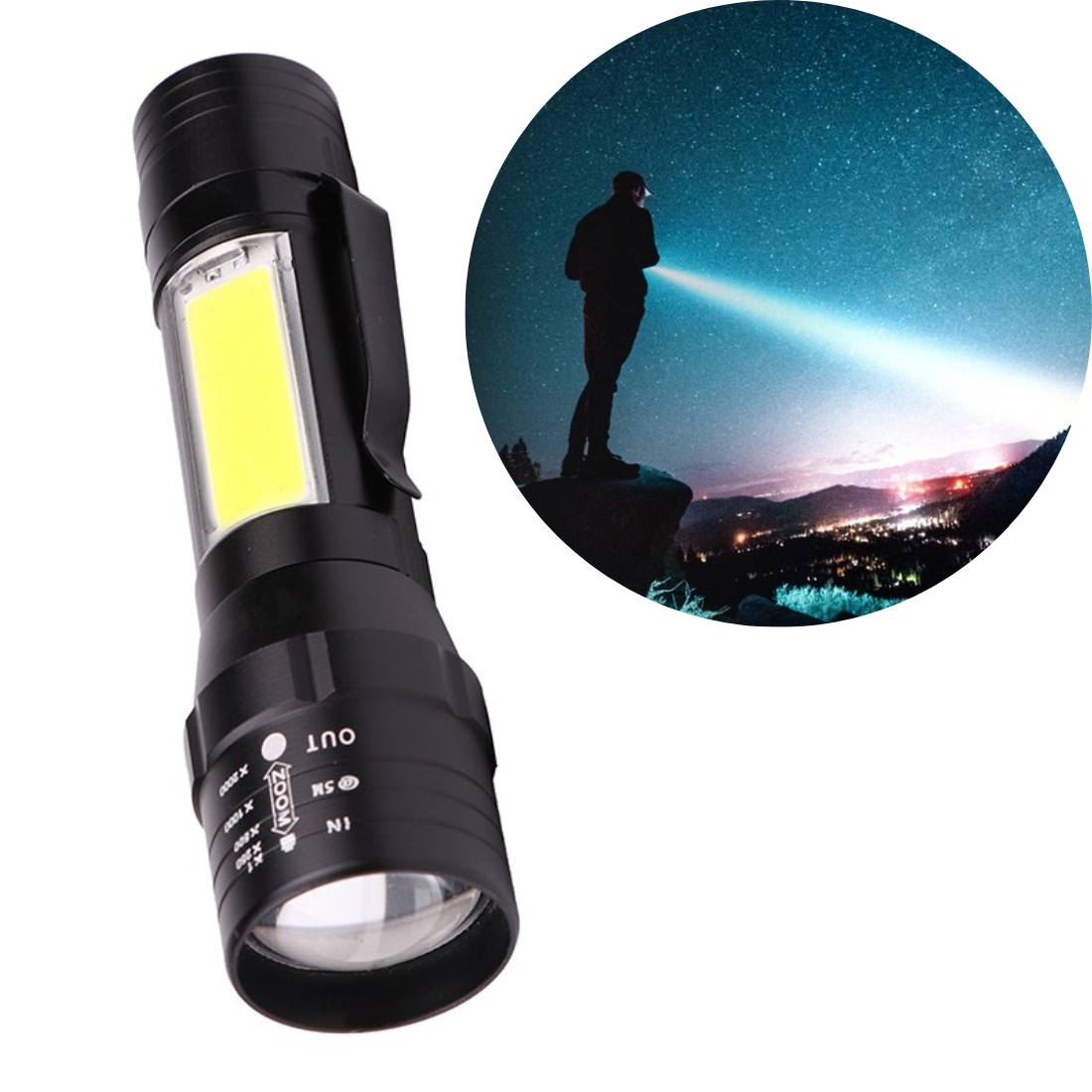 Lukturis LED taktiskais 600l m 400m ZOOM COB XML T6 USB 5W