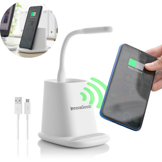 Galda organizators pieci vienā ar bezvadu lādētāju, USB portiem un galda lampu