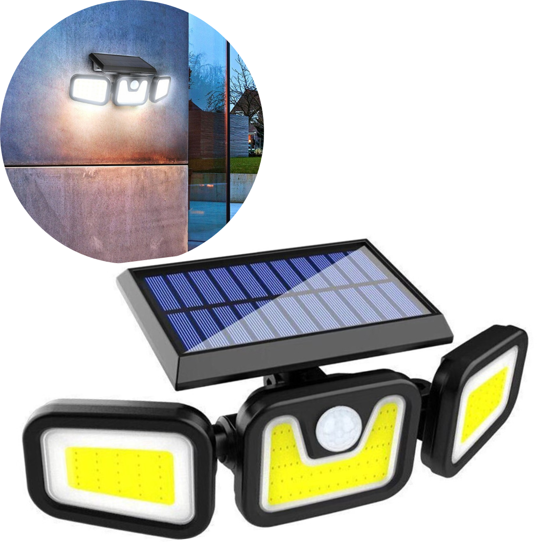 Ārā lampa ar saules paneļiem un kustības sensoru ūdensizturīga 100 LED