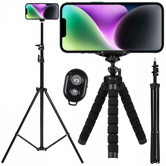 Statīvu komplekts telefonam, divu trīskāju komplekts ar telefona turētāju un tālvadības pulti