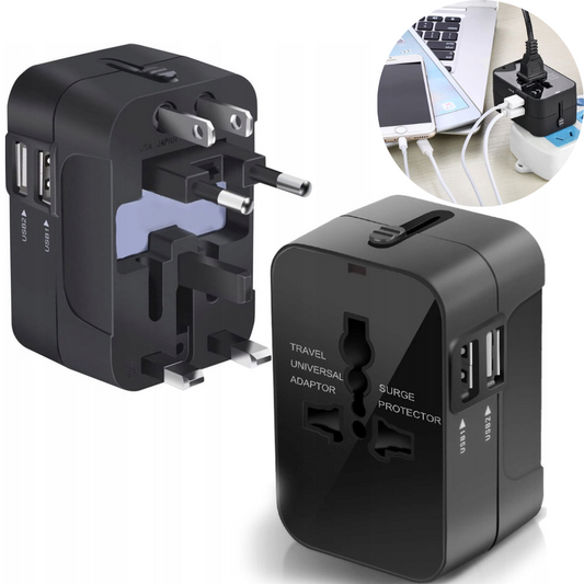 Universālais kontaktligzdas adapteris ceļotājiem 6A 100–240V 2x USB