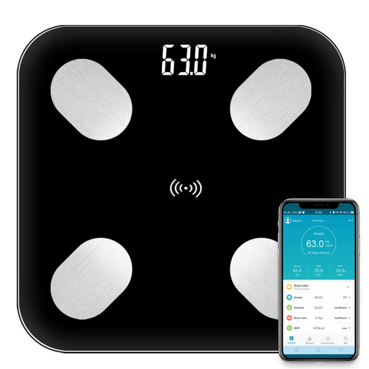 Ķermeņa gudrie Bluetooth svari ar telefona aplikāciju melnā krāsā