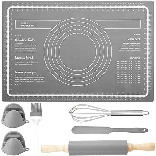 Virtuves galda komplekts gatavošanai – silikona paklājs mīklai, picai, mīklas rullis, nazis