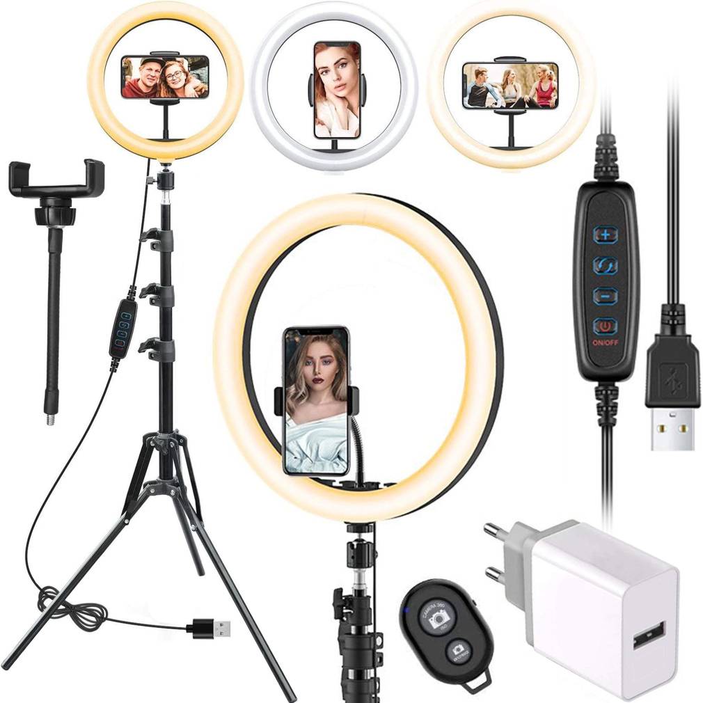 LED riņķis, gredzenveida lampa ar 2m statīvu un telefona turētāju