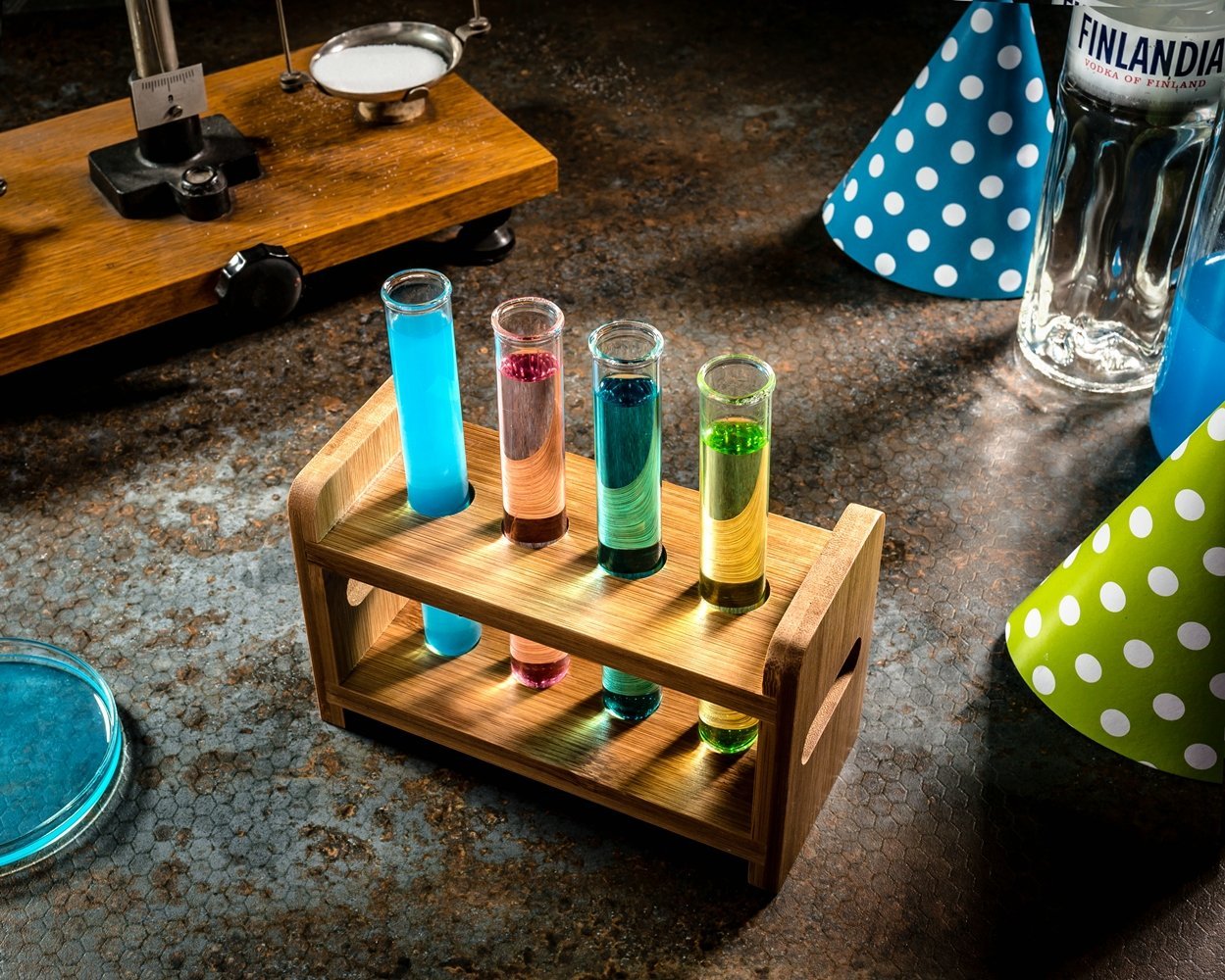 Stikla cauruļu komplekts ballītēm 4 gab. ar koka turētāju