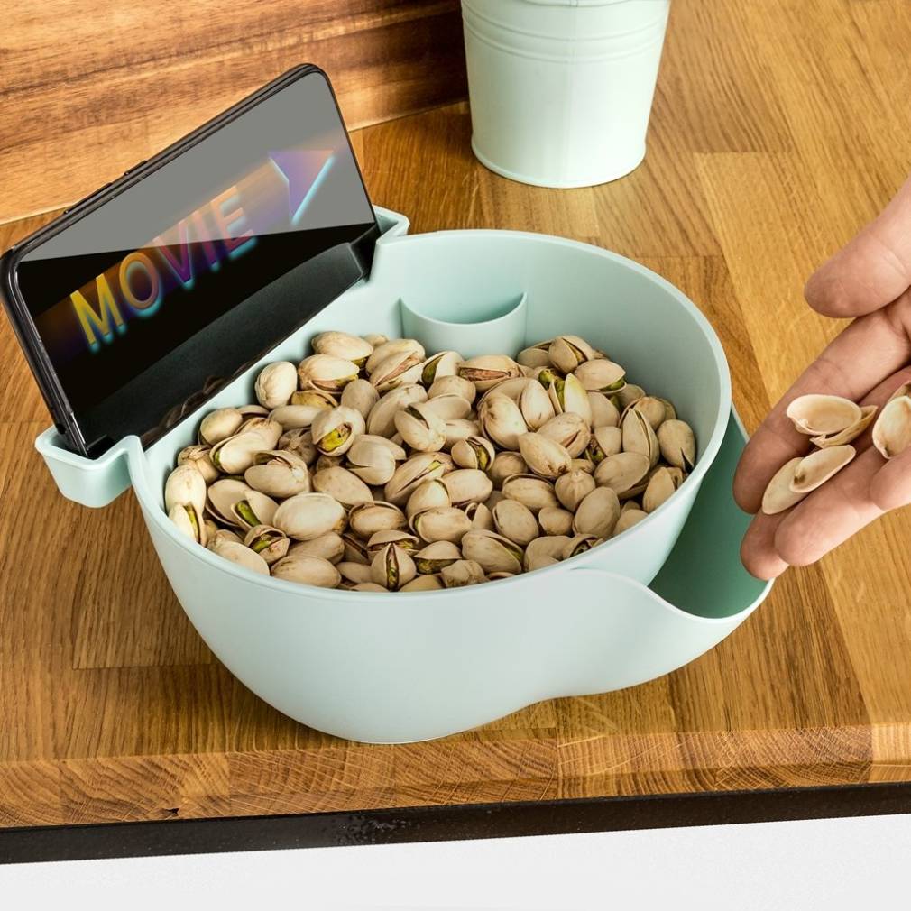 Slinka uzkodu bļoda ar tālruņa turētāju