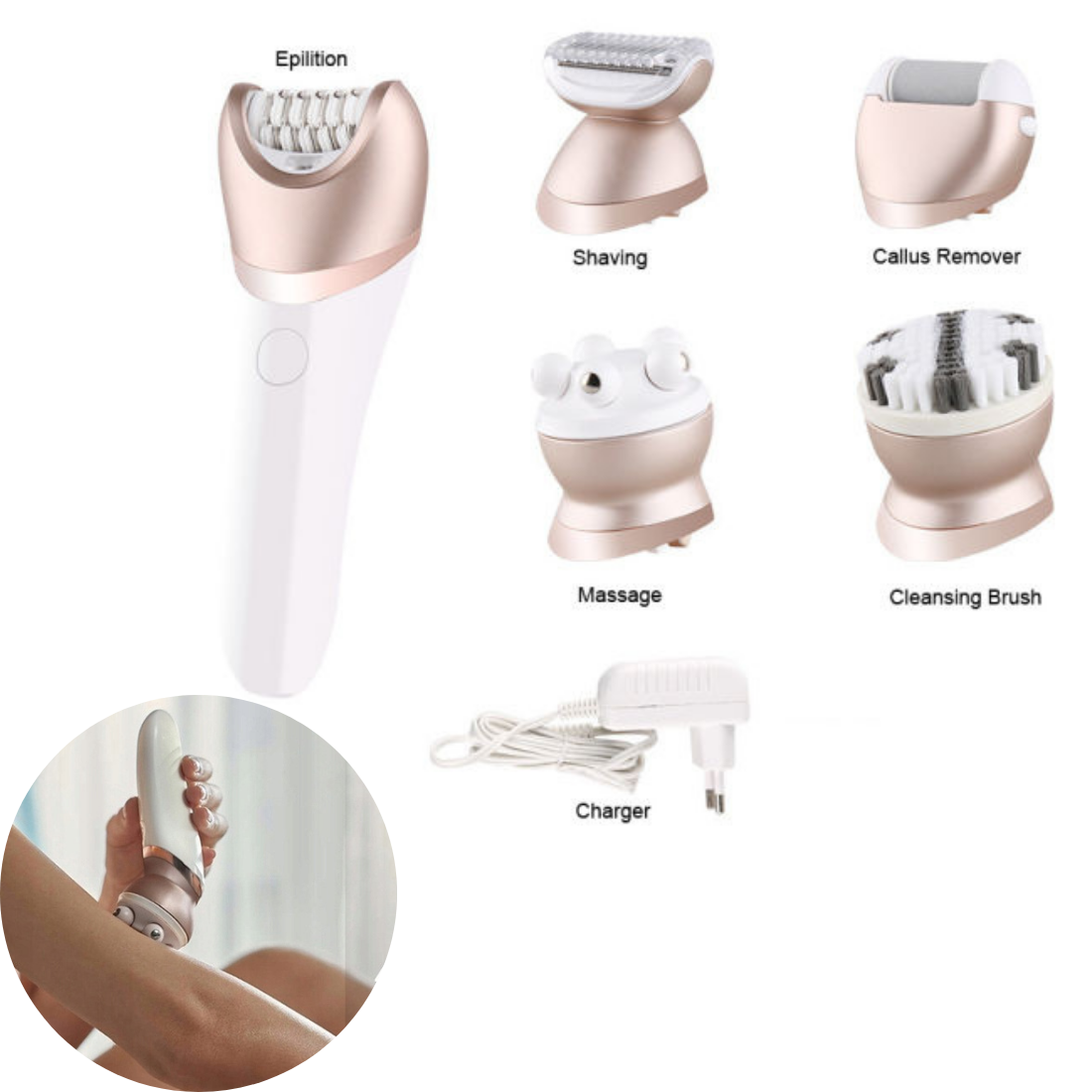 Ķermeņa kopšanas ierīce 5in1, epilators, sieviešu skuveklis, masieris, pēdu vīle, sejas birstīte