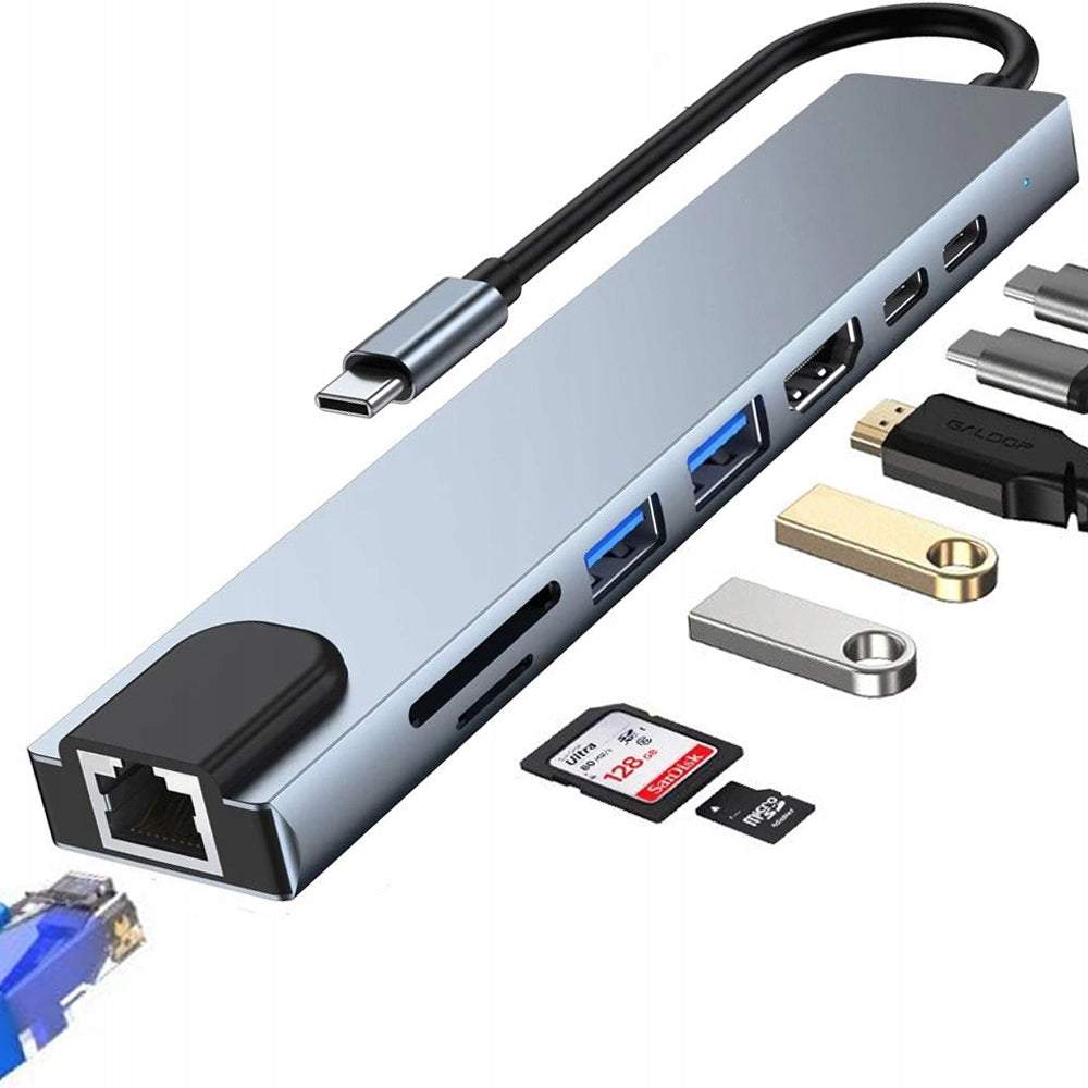 USB type-C adapteris, sadalītājs 9in1 (3x USB 3.0, HDMI, Type-C, SD, Ethernet)