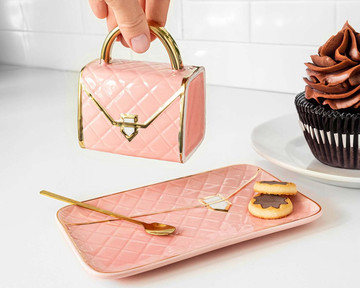 Krūzes komplekts ar karoti un apakštasīti - keramikas somiņa